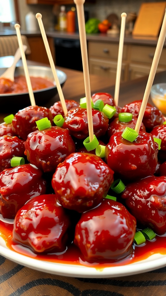 Delicious barbecue meatballs coated in sauce, garnished with green onions on a rustic table.